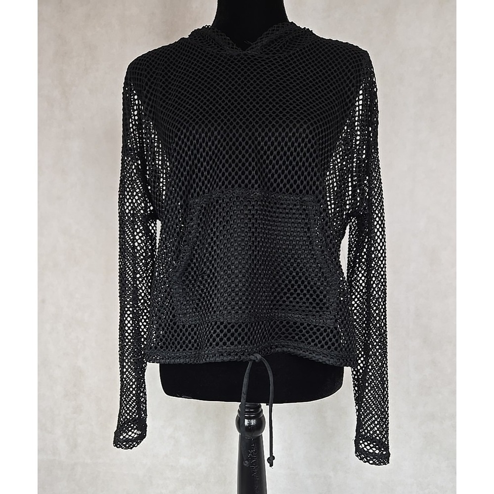 Orange Kiss Mesh Womens Size Large Long Sleeve Hooded Top Hoodie Black NWT